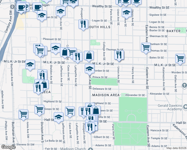 map of restaurants, bars, coffee shops, grocery stores, and more near 917 Madison Avenue Southeast in Grand Rapids