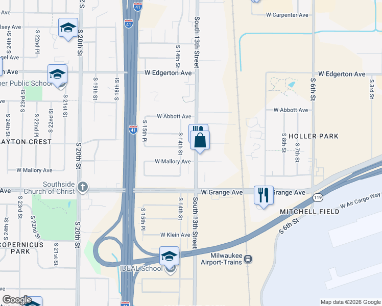 map of restaurants, bars, coffee shops, grocery stores, and more near 5407 South 13th Street in Milwaukee
