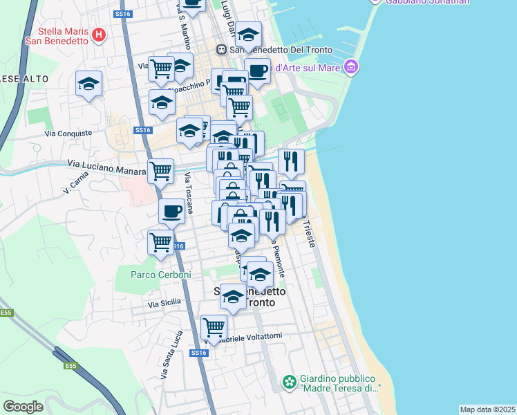 map of restaurants, bars, coffee shops, grocery stores, and more near 77 Via Umbria in San Benedetto del Tronto