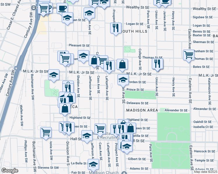 map of restaurants, bars, coffee shops, grocery stores, and more near 850 Lafayette Avenue Southeast in Grand Rapids