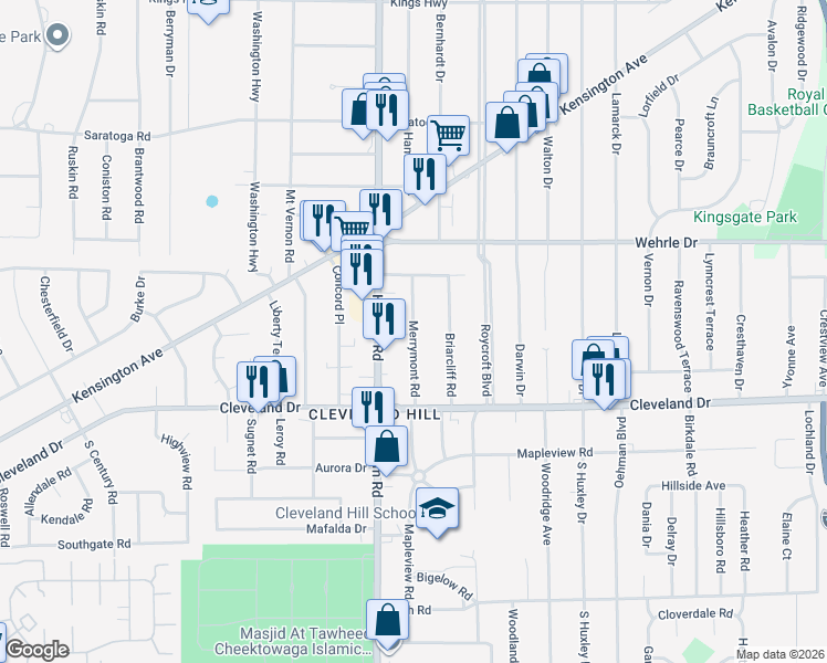 map of restaurants, bars, coffee shops, grocery stores, and more near 244 Merrymont Road in Buffalo