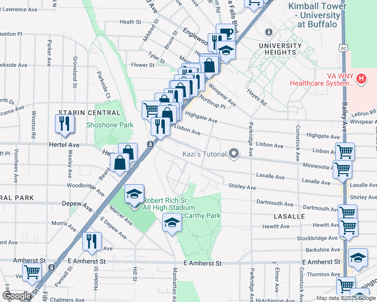 map of restaurants, bars, coffee shops, grocery stores, and more near 98 Lasalle Avenue in Buffalo