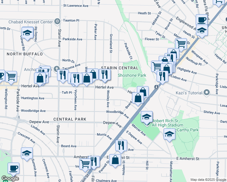 map of restaurants, bars, coffee shops, grocery stores, and more near 123 Wesley Avenue in Buffalo