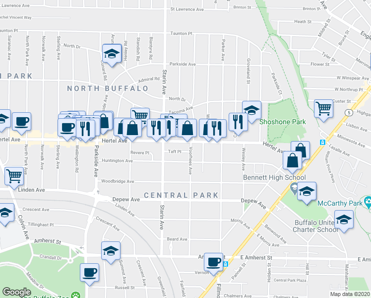 map of restaurants, bars, coffee shops, grocery stores, and more near 243 Huntington Avenue in Buffalo