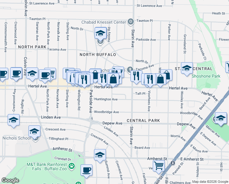 map of restaurants, bars, coffee shops, grocery stores, and more near 367 Huntington Avenue in Buffalo
