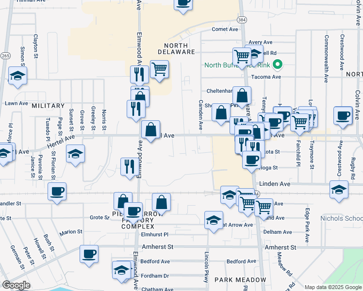 map of restaurants, bars, coffee shops, grocery stores, and more near 86 Ledger Street in Buffalo