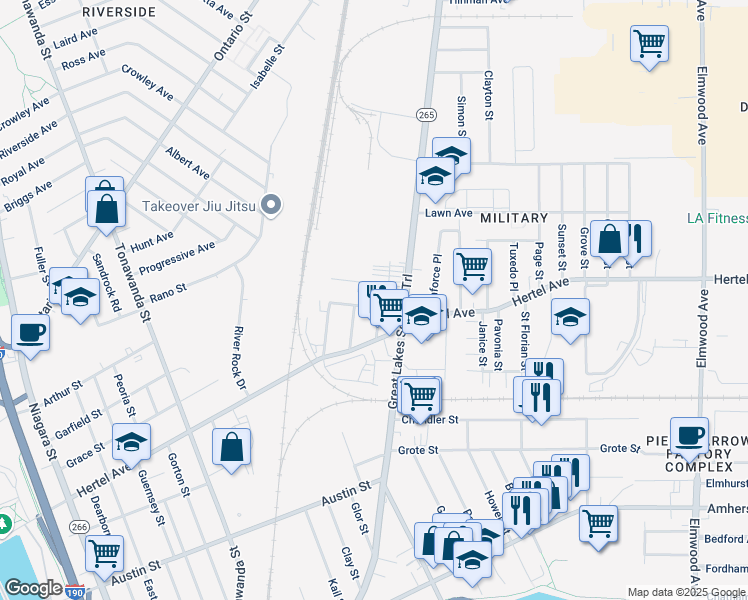 map of restaurants, bars, coffee shops, grocery stores, and more near 20 Short Street in Buffalo