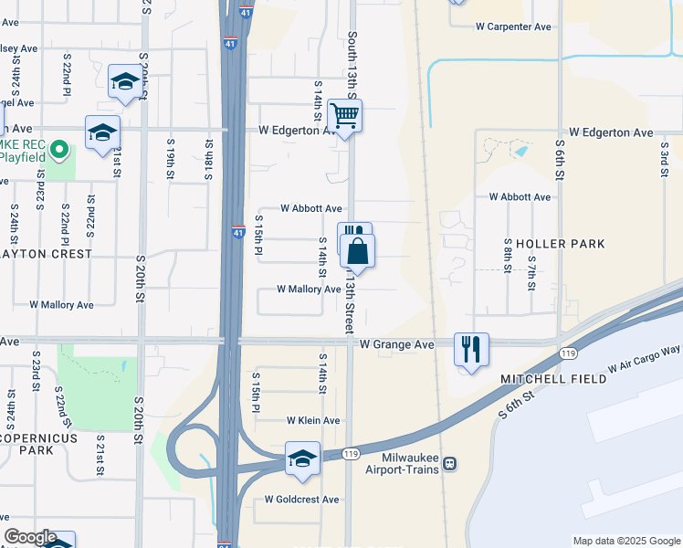 map of restaurants, bars, coffee shops, grocery stores, and more near 5407 South 13th Street in Milwaukee