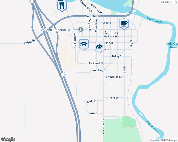 map of restaurants, bars, coffee shops, grocery stores, and more near 596 Wentling Street in Nashua