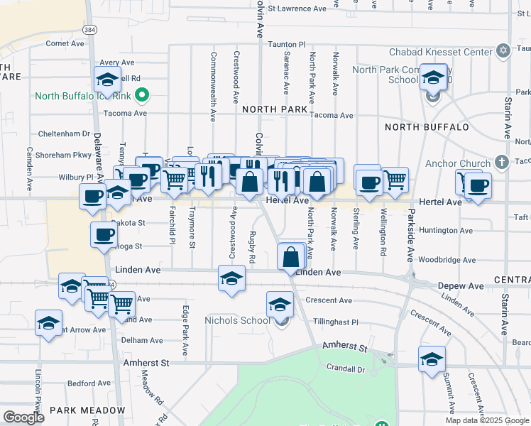 map of restaurants, bars, coffee shops, grocery stores, and more near Colvin Avenue & Rugby Road in Buffalo