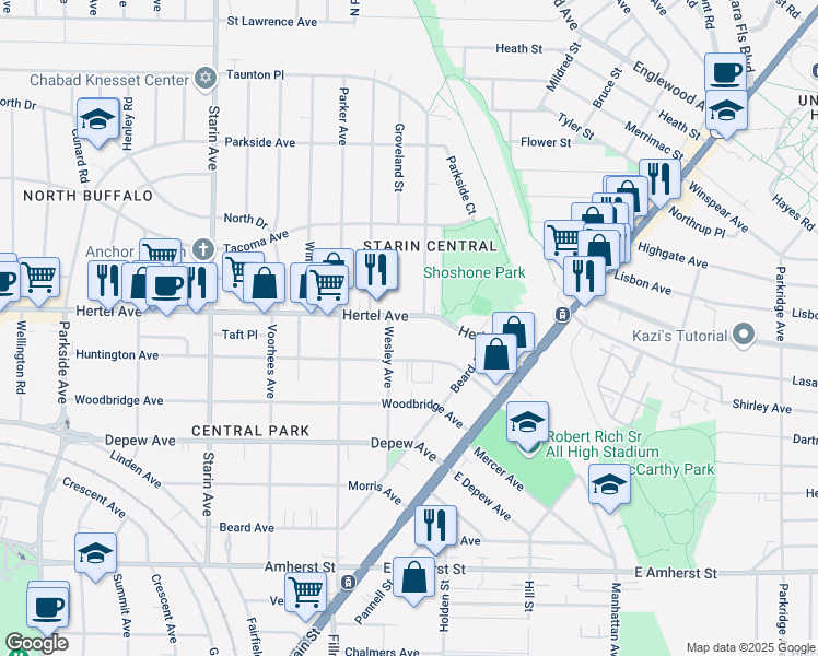 map of restaurants, bars, coffee shops, grocery stores, and more near 123 Wesley Avenue in Buffalo