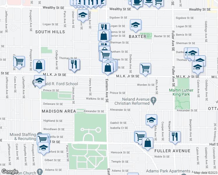 map of restaurants, bars, coffee shops, grocery stores, and more near 842 Eastern Avenue Southeast in Grand Rapids