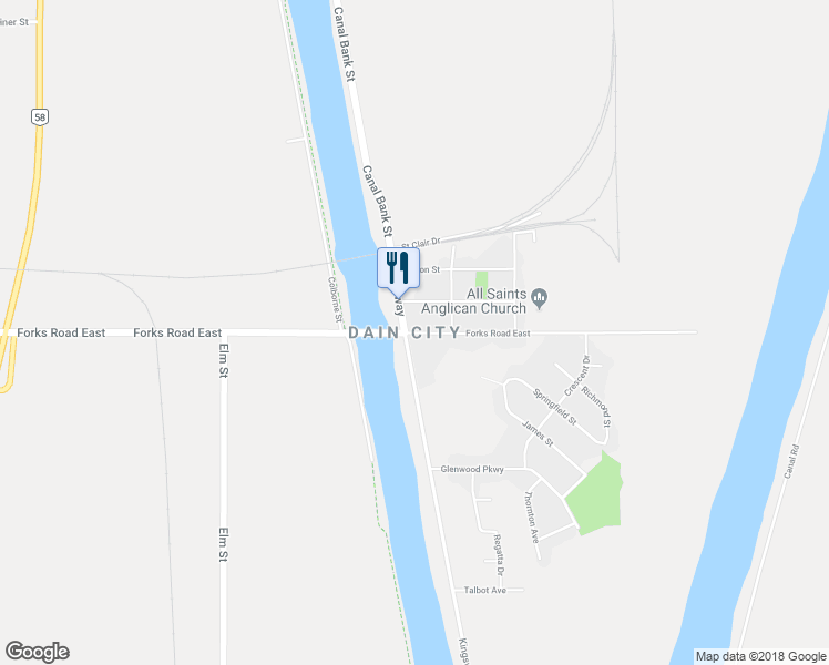 map of restaurants, bars, coffee shops, grocery stores, and more near 14 Forks Road in Welland