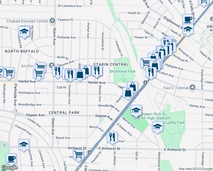 map of restaurants, bars, coffee shops, grocery stores, and more near 85 Huntington Avenue in Buffalo