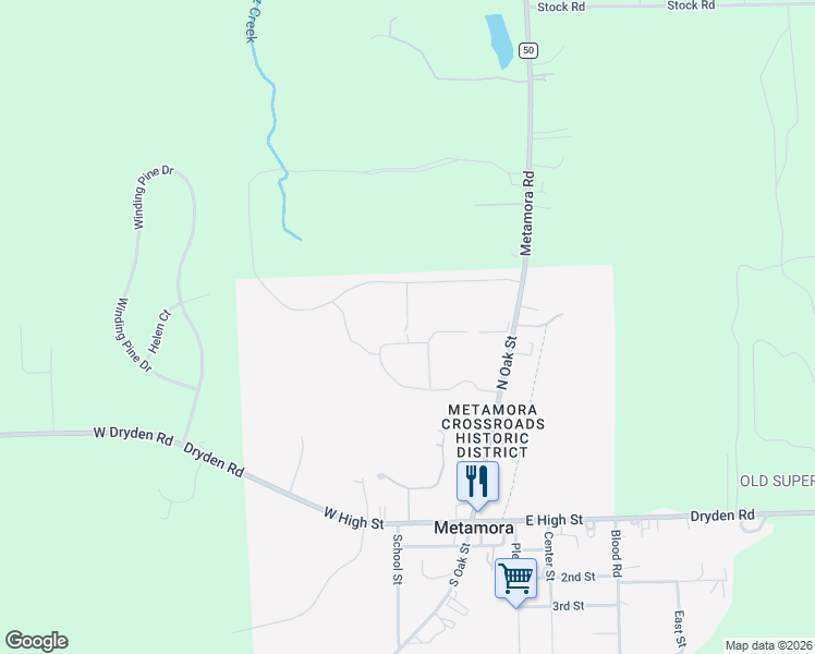 map of restaurants, bars, coffee shops, grocery stores, and more near 3780 Deer Ridge Run in Metamora