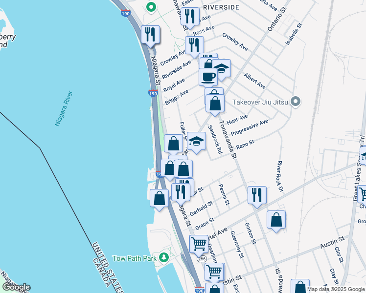 map of restaurants, bars, coffee shops, grocery stores, and more near 51 Ontario Street in Buffalo