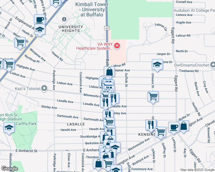map of restaurants, bars, coffee shops, grocery stores, and more near 417 Lisbon Avenue in Buffalo