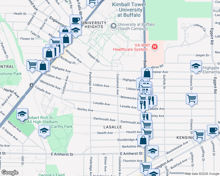 map of restaurants, bars, coffee shops, grocery stores, and more near 282 Minnesota Avenue in Buffalo