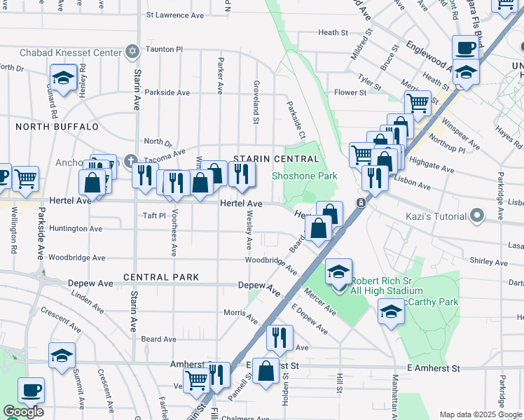 map of restaurants, bars, coffee shops, grocery stores, and more near 123 Wesley Avenue in Buffalo