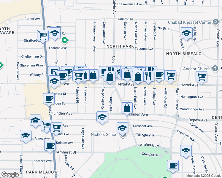 map of restaurants, bars, coffee shops, grocery stores, and more near 68 Rugby Road in Buffalo