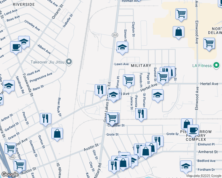 map of restaurants, bars, coffee shops, grocery stores, and more near 355 Military Road in Buffalo