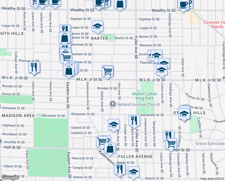 map of restaurants, bars, coffee shops, grocery stores, and more near 1049 Prince Street Southeast in Grand Rapids