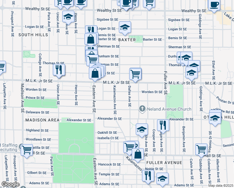 map of restaurants, bars, coffee shops, grocery stores, and more near 919 Prince Street Southeast in Grand Rapids
