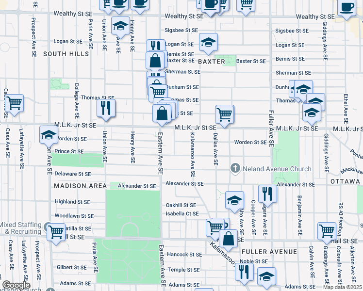 map of restaurants, bars, coffee shops, grocery stores, and more near 854 Prince Street Southeast in Grand Rapids
