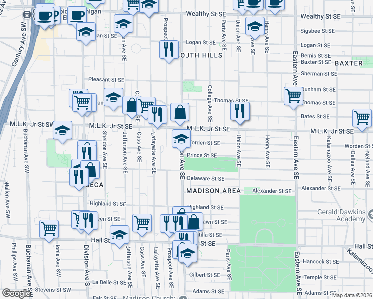 map of restaurants, bars, coffee shops, grocery stores, and more near 917 Madison Avenue Southeast in Grand Rapids