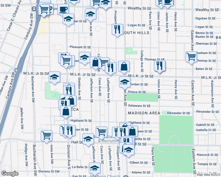 map of restaurants, bars, coffee shops, grocery stores, and more near 918 Lafayette Avenue Southeast in Grand Rapids