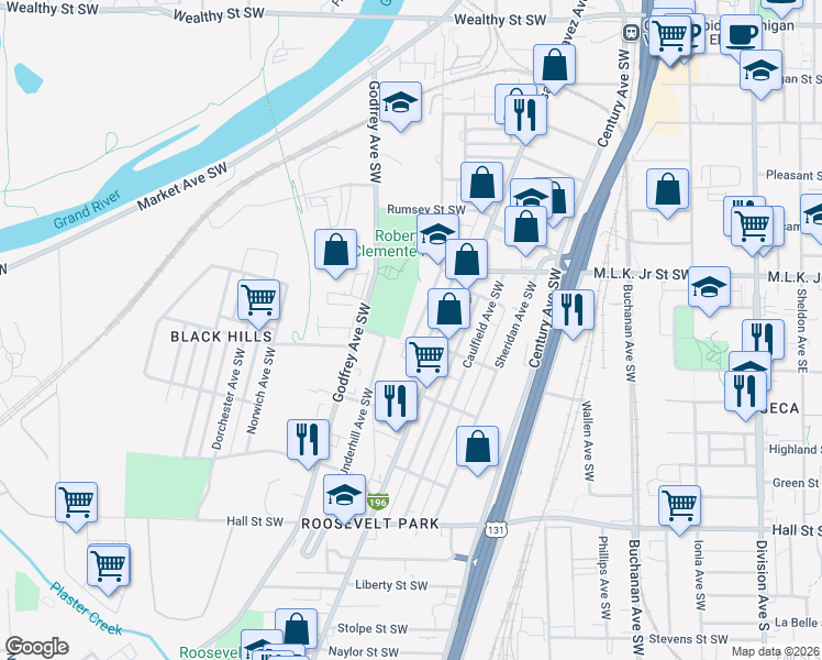 map of restaurants, bars, coffee shops, grocery stores, and more near 535 Gilners Court Southwest in Grand Rapids