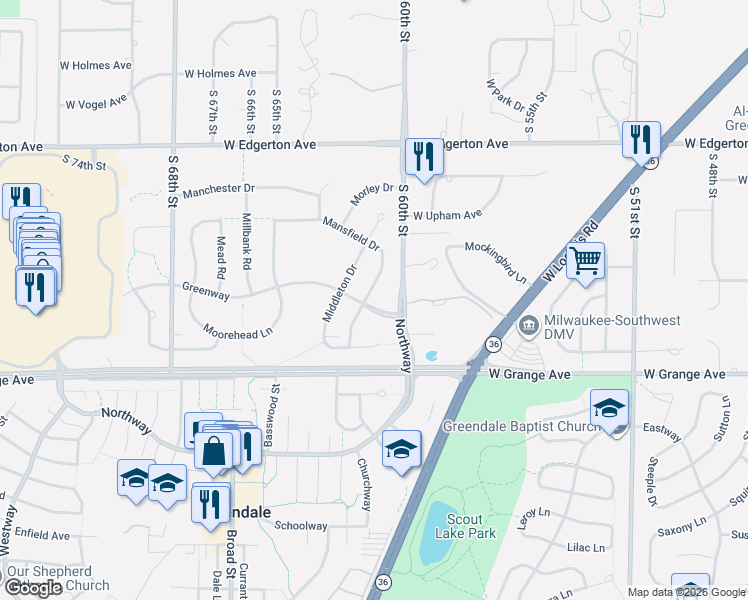 map of restaurants, bars, coffee shops, grocery stores, and more near 6026 North Middleton Court in Greendale