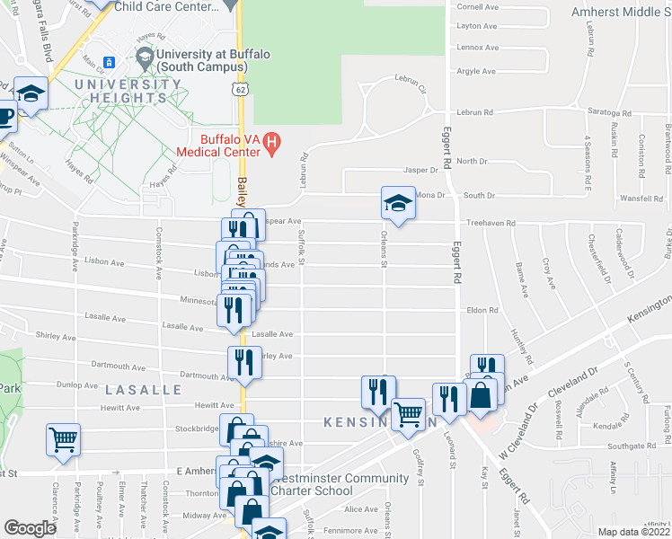 map of restaurants, bars, coffee shops, grocery stores, and more near 117 Rounds Avenue in Buffalo