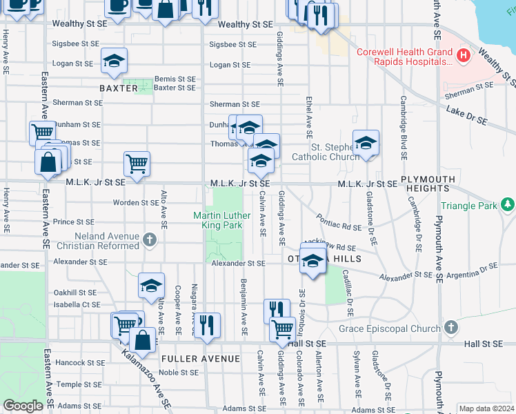 map of restaurants, bars, coffee shops, grocery stores, and more near 835 Calvin Avenue Southeast in Grand Rapids