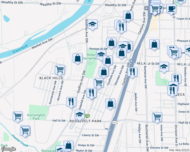 map of restaurants, bars, coffee shops, grocery stores, and more near 865 Oakland Avenue Southwest in Grand Rapids