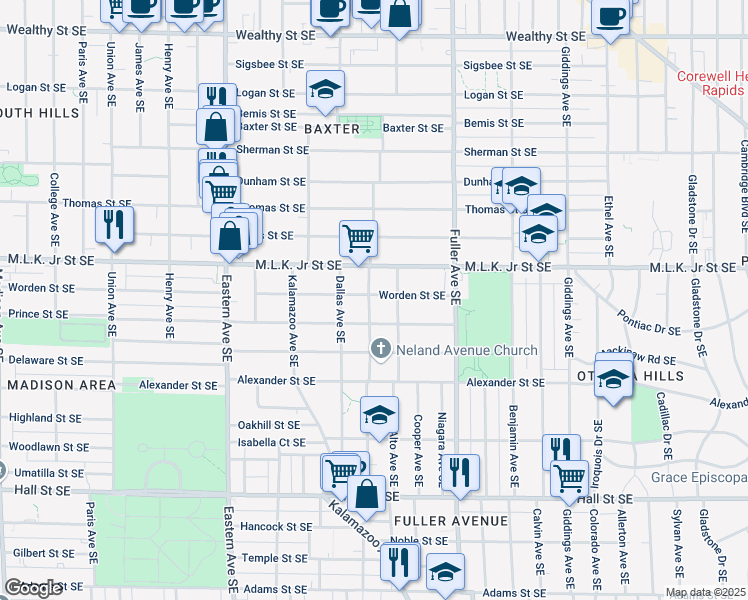 map of restaurants, bars, coffee shops, grocery stores, and more near 1049 Prince Street Southeast in Grand Rapids