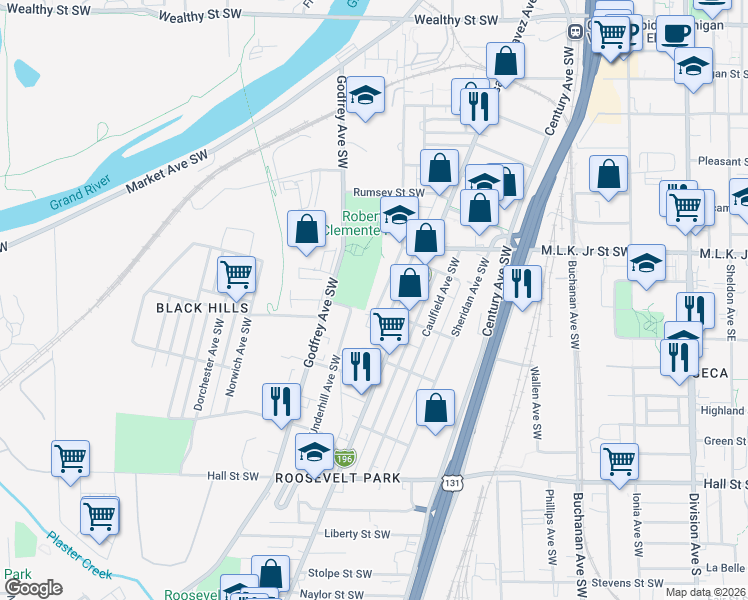 map of restaurants, bars, coffee shops, grocery stores, and more near 865 Oakland Avenue Southwest in Grand Rapids