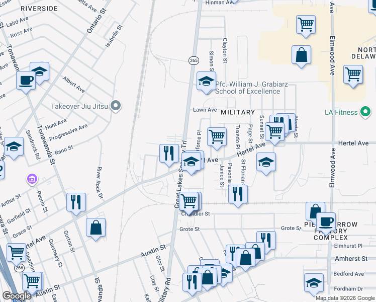map of restaurants, bars, coffee shops, grocery stores, and more near 355 Military Road in Buffalo