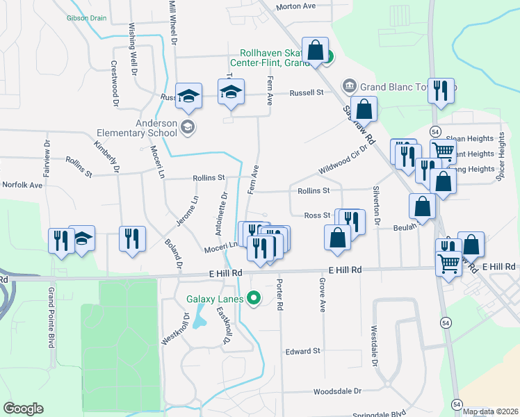 map of restaurants, bars, coffee shops, grocery stores, and more near 2231 Rollins Street in Grand Blanc