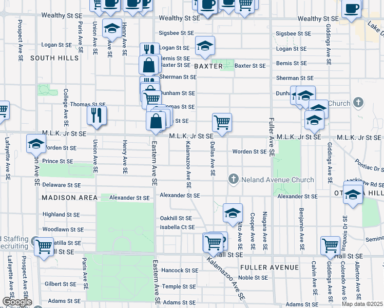 map of restaurants, bars, coffee shops, grocery stores, and more near 840 Kalamazoo Avenue Southeast in Grand Rapids
