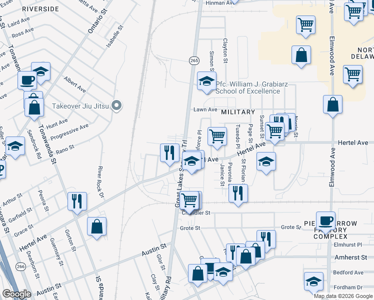 map of restaurants, bars, coffee shops, grocery stores, and more near 417 Military Road in Buffalo