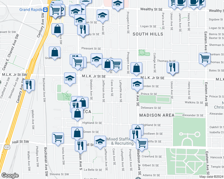 map of restaurants, bars, coffee shops, grocery stores, and more near 900 Cass Avenue Southeast in Grand Rapids