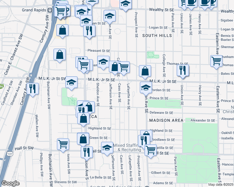 map of restaurants, bars, coffee shops, grocery stores, and more near 218 Powell Street Southeast in Grand Rapids