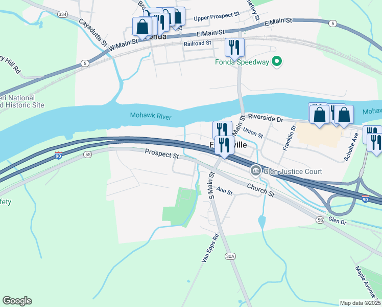 map of restaurants, bars, coffee shops, grocery stores, and more near 9 Mohawk Street in Fultonville