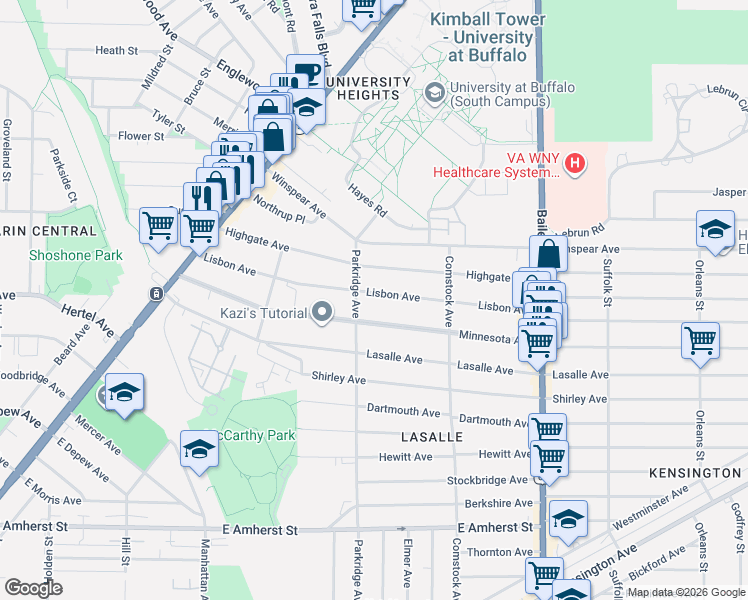map of restaurants, bars, coffee shops, grocery stores, and more near 197 Highgate Avenue in Buffalo
