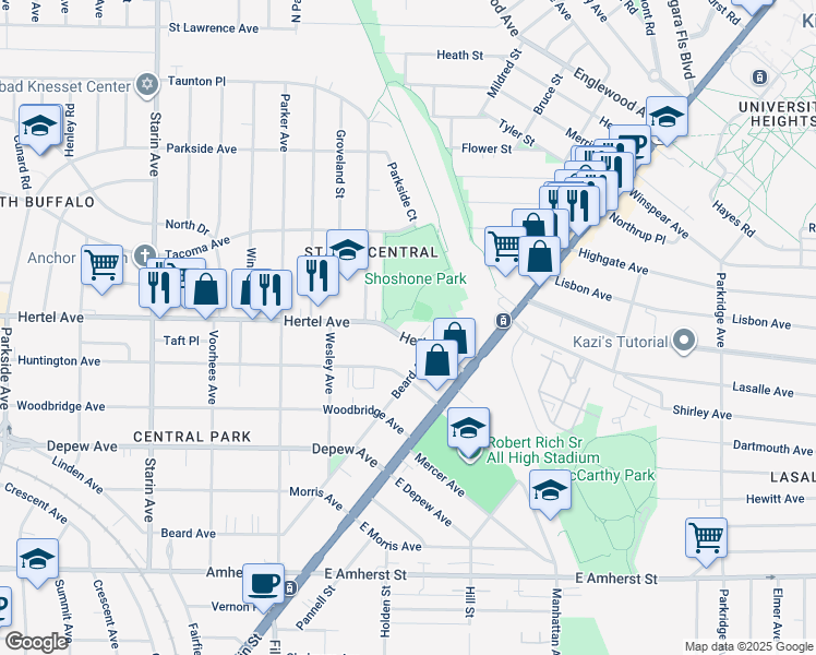map of restaurants, bars, coffee shops, grocery stores, and more near 2000 Hertel Avenue in Buffalo