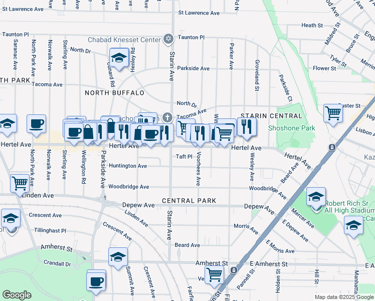 map of restaurants, bars, coffee shops, grocery stores, and more near 1756 Hertel Avenue in Buffalo