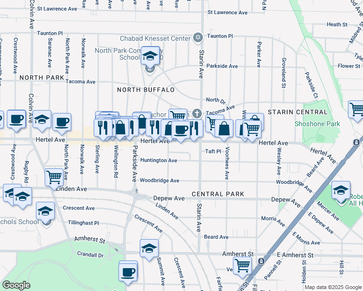 map of restaurants, bars, coffee shops, grocery stores, and more near 1678 Hertel Avenue in Buffalo