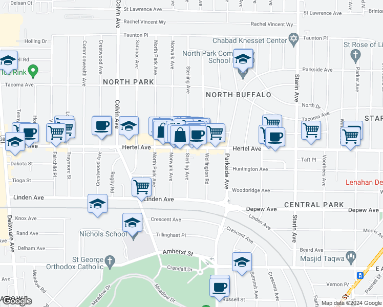 map of restaurants, bars, coffee shops, grocery stores, and more near 1472 Hertel Avenue in Buffalo