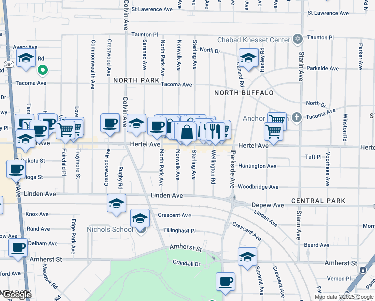 map of restaurants, bars, coffee shops, grocery stores, and more near 1472 Hertel Avenue in Buffalo
